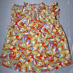 Umgee USA Boho Psychedelic Blouse Women’s Large Ruffle Flutter Sleeve Retro Top